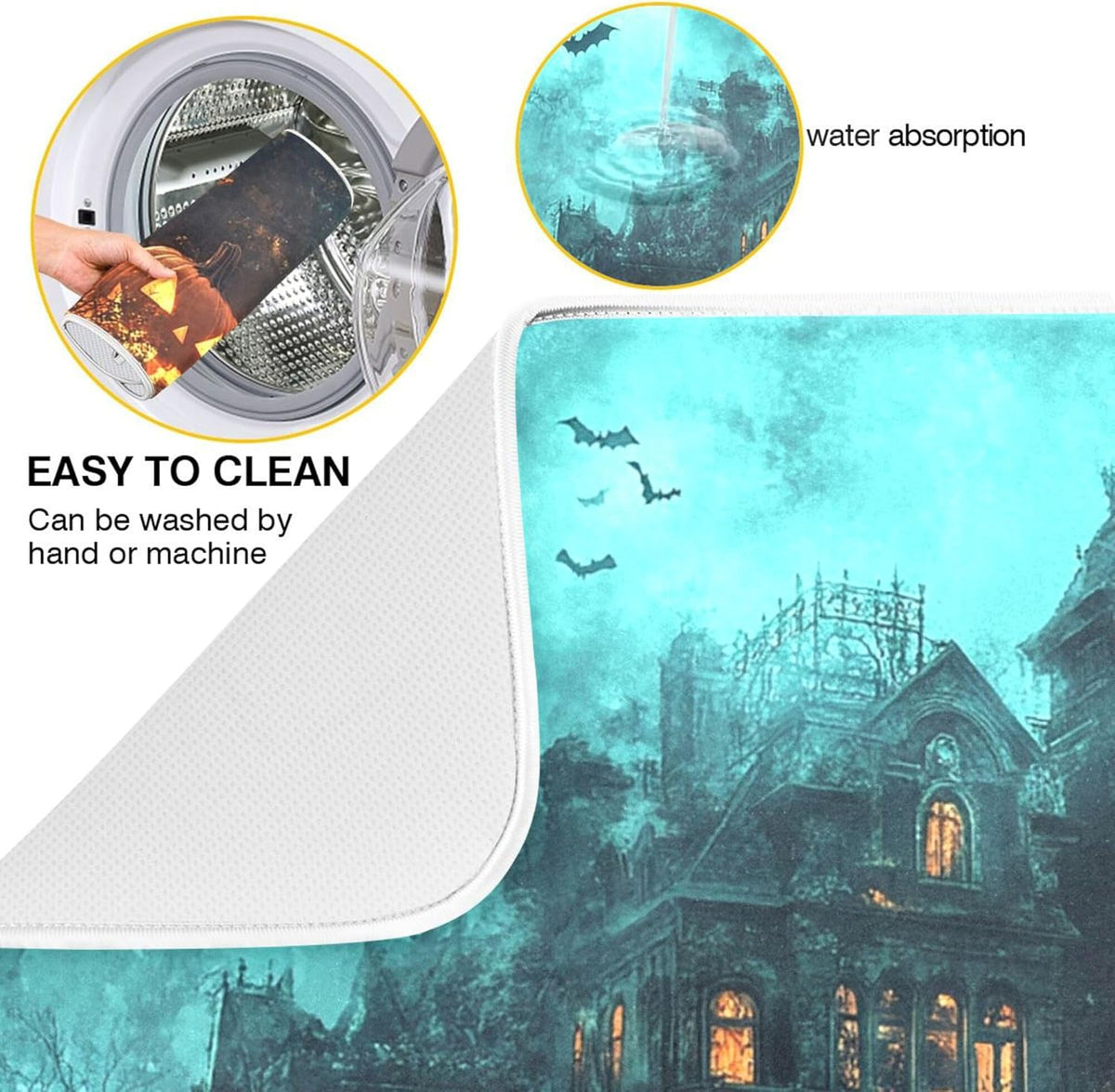 Halloween Castle Dish Drying Mat for Kitchen Countertop 16x18 Spooky Witch Pumpkin Lantern Small
