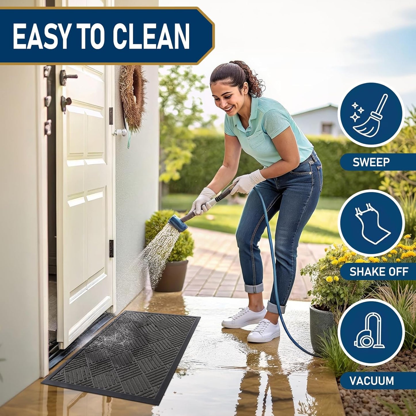 Smiry Front Door Mat Outside Entrance, Heavy Duty Outdoor Indoor Natural Rubber Doormat, Non Slip