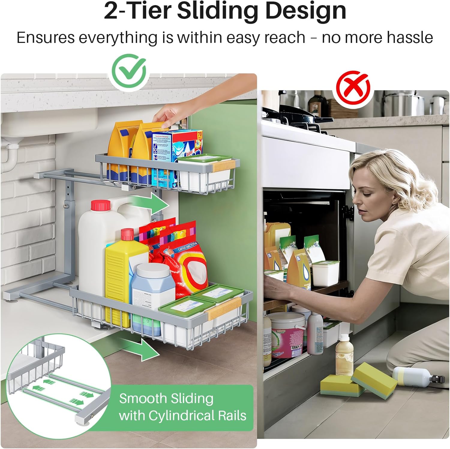 Pull out Cabinet Organizer, 1 Pack Under Sink Organizer, Slide out Metal Kitchen Cabinet Organizers