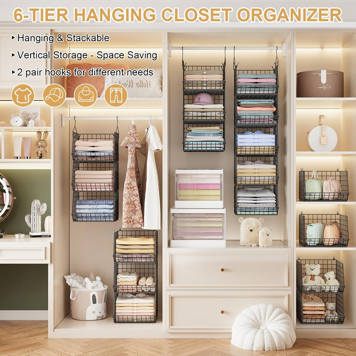6 Tier Closet Hanging Organizer, Clothes Hanging Shelves with 4 Hanging Hooks 5 S Hooks, Wire