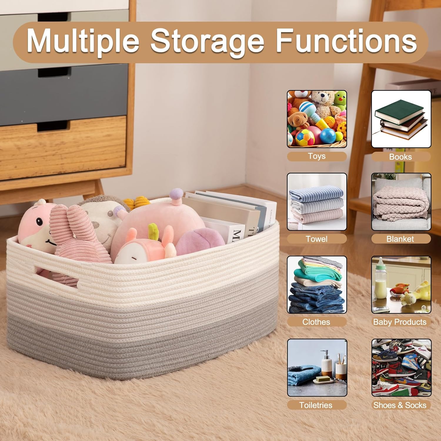Large Storage Basket for Organizing, Woven Rope Basket for Shelves, Closet Organizer Bins for