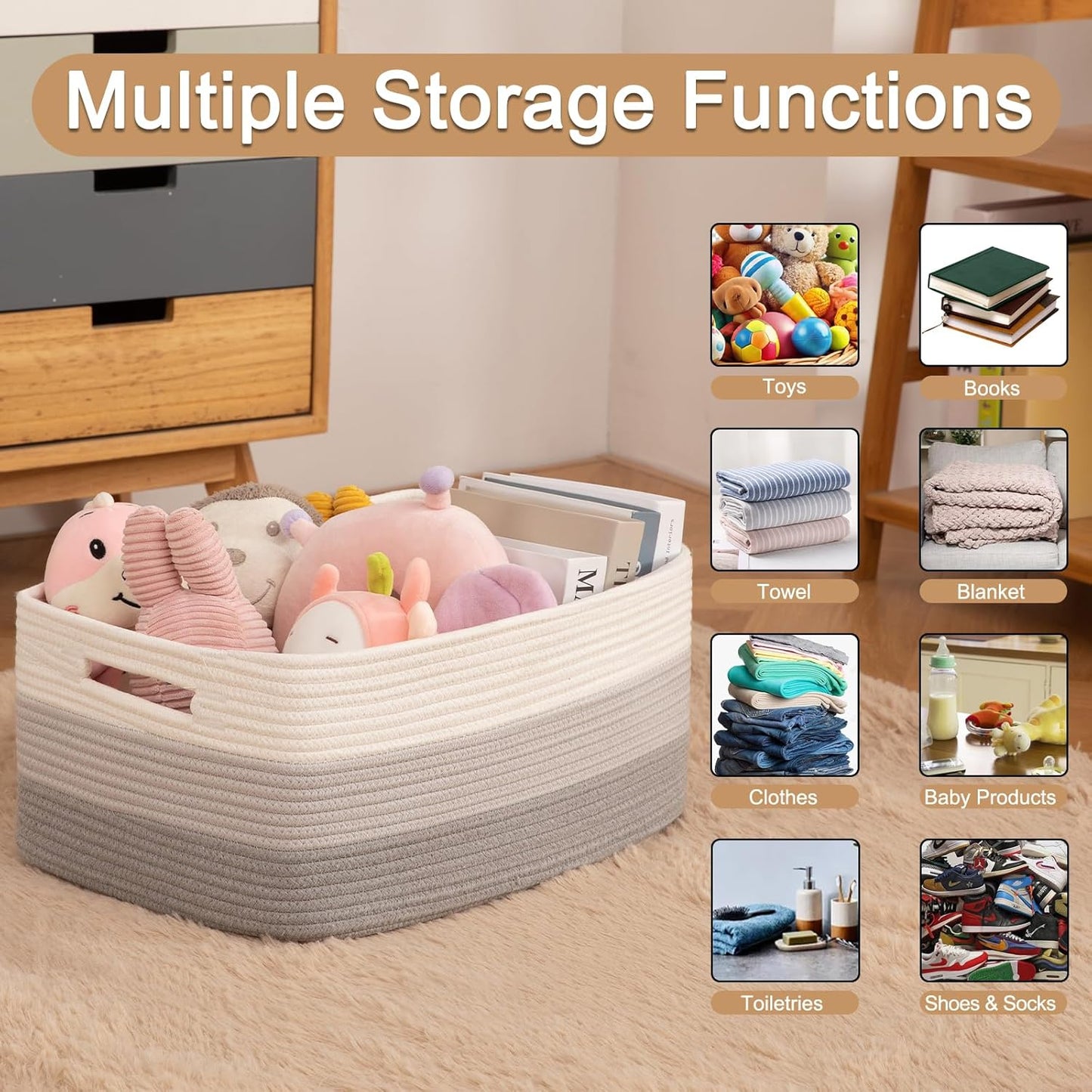 Large Storage Basket for Organizing, Woven Rope Basket for Shelves, Closet Organizer Bins for