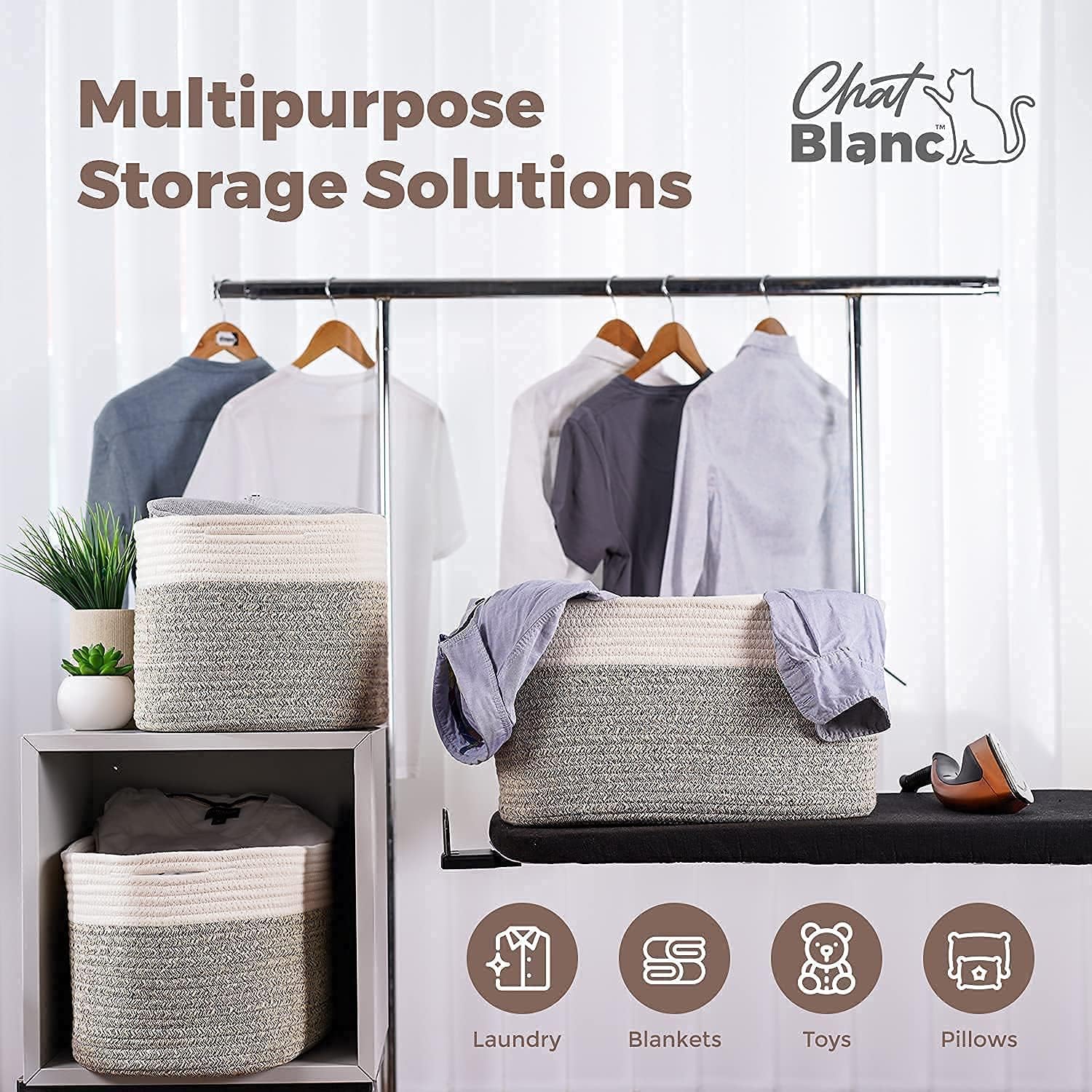 CHAT BLANC Cotton Rope Baskets for Organizing | 15”x10”x9” Storage Baskets for Shelves | Small