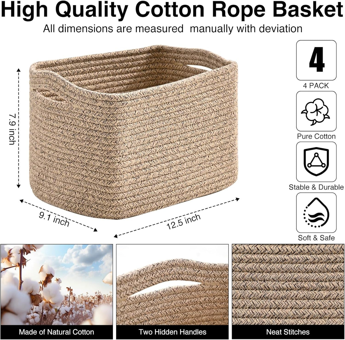 Small Storage Baskets for Shelves Organizing, Woven Cotton Rope Baskets for Storage, Book Basket