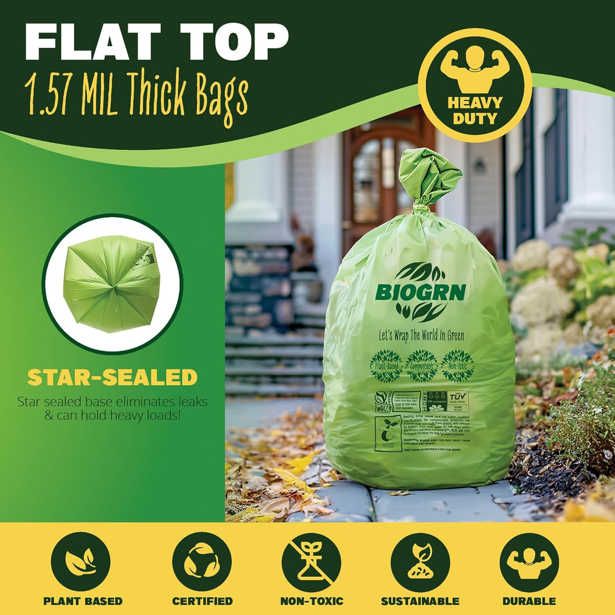 30-33 Gallon Compostable Trash Bags Flat-Top 30 Bags Heavy Duty1.57 Mil, 124.92 Liter Large Lawn