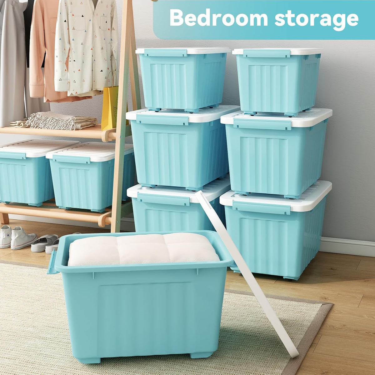 Nazhura 97 Quart Plastic Storage Bin, Blue Stackable and Nestable Storage Boxes with White Lids and
