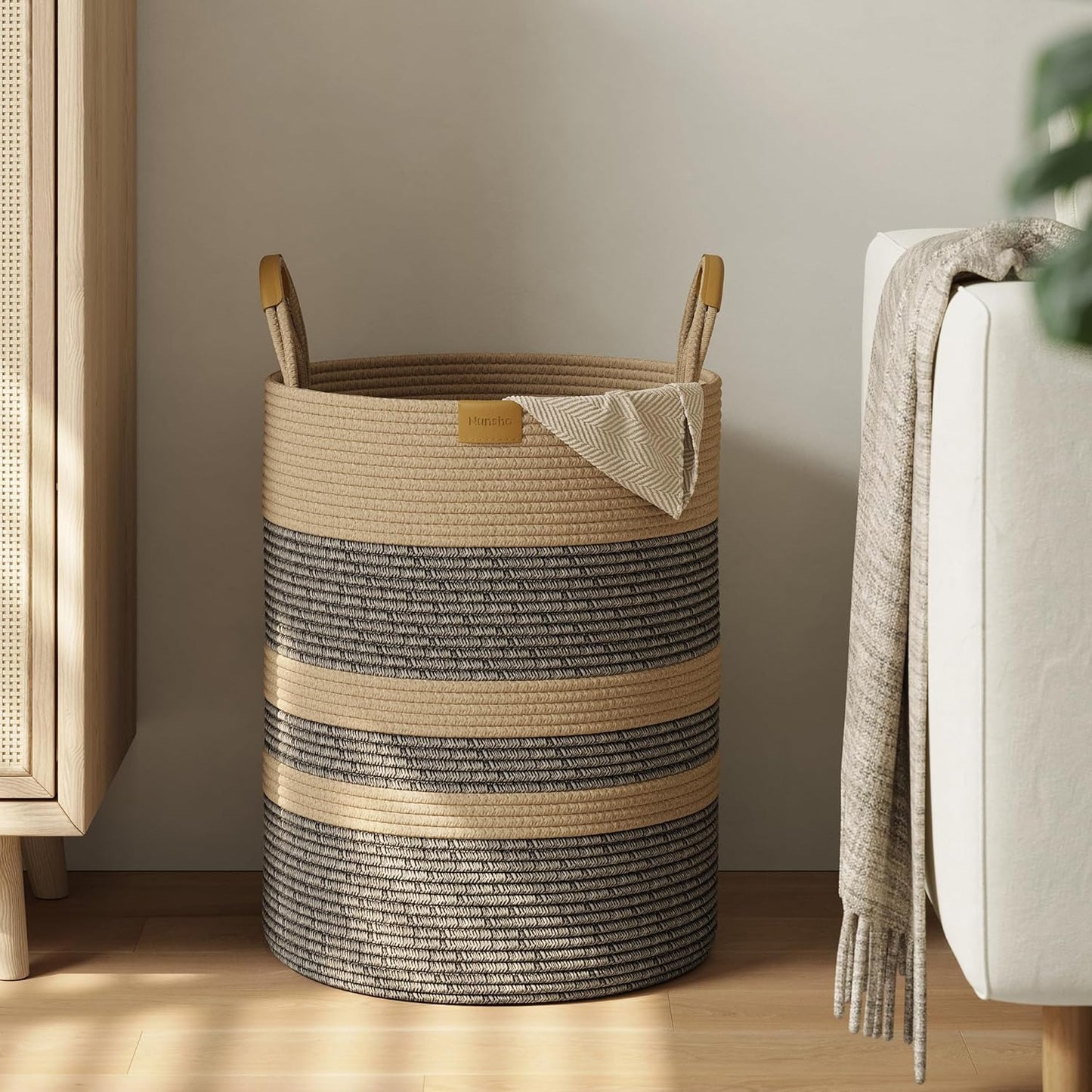62L Striped Laundry Hamper with Leather Handles,Large Foldable Laundry Basket for Clothes,Cotton