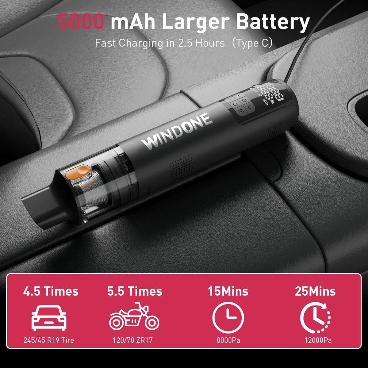 Windone Car Vacuum, 12000Pa 2-in-1 Cleaner & Tire Inflator 150PSI, 60W Brushless Motor, Cordless