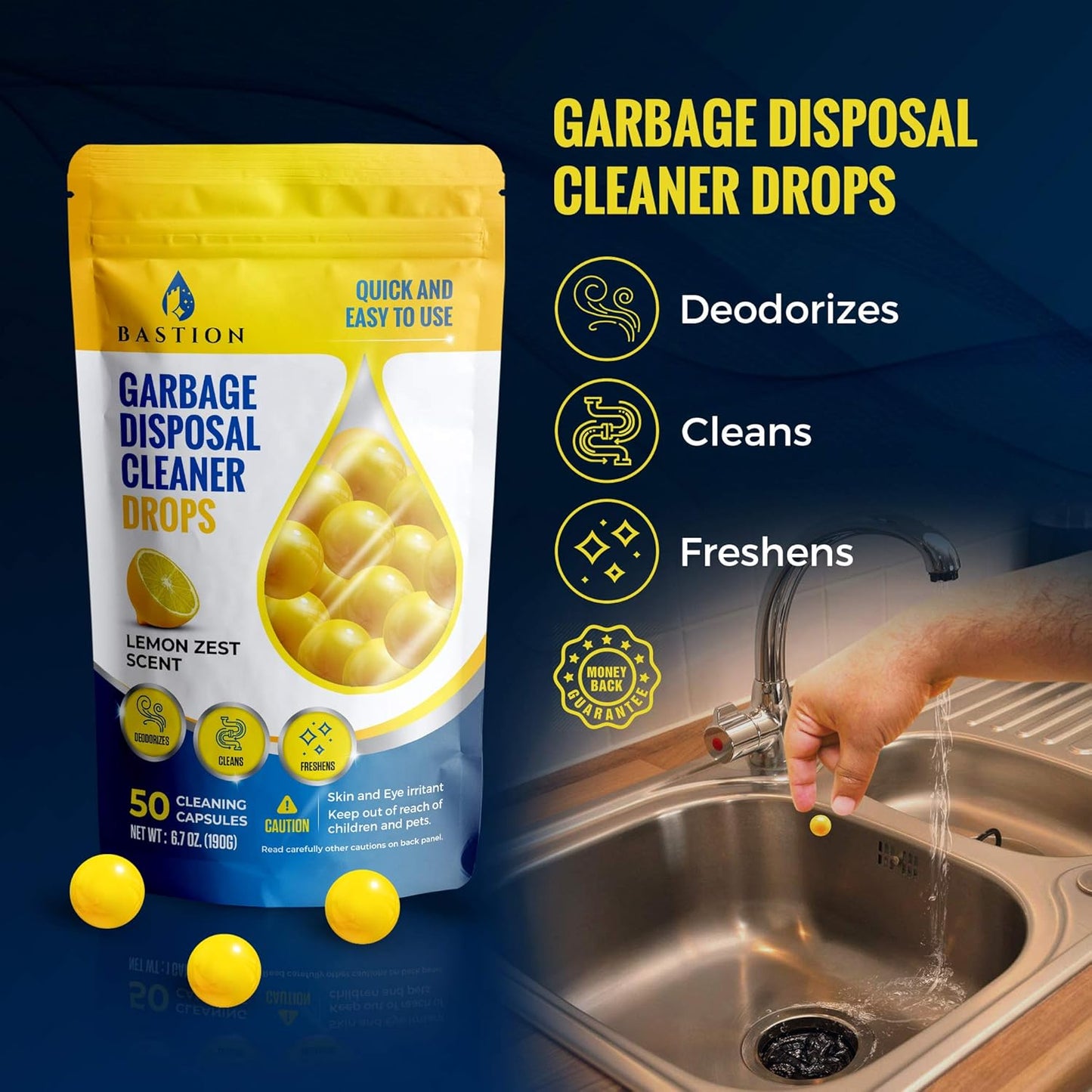 Bastion Garbage Disposal Cleaner and Deodorizer Drops- [[50-Count]] Lemon Zest Scented Kitchen Sink