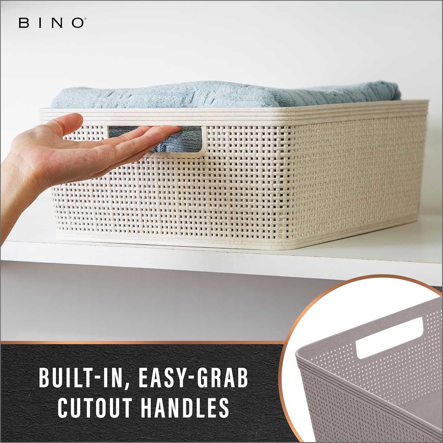 BINO - Woven Plastic Basket, Medium (Natural), 4-Pack, The Jute Collection, Home Organization