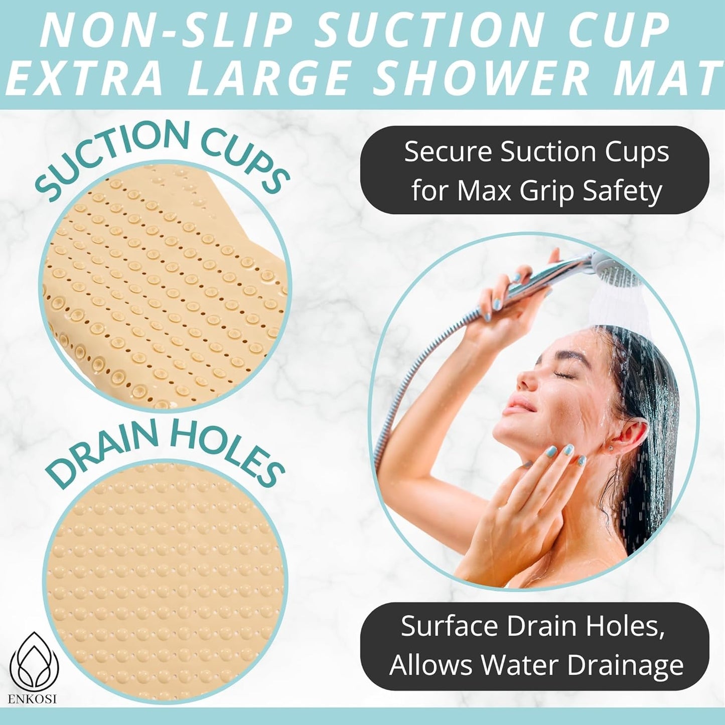 ENKOSI Extra Large Square Non Slip Shower Mat - 31 x 31-inch XL Bathroom Shower Mat - Square Shower