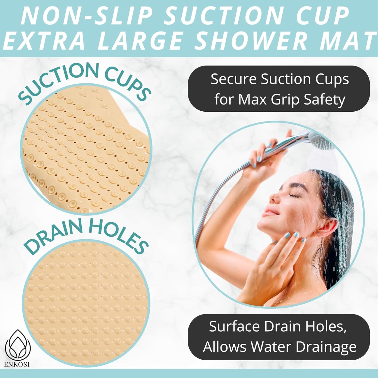 ENKOSI Extra Large Square Non Slip Shower Mat - 31 x 31-inch XL Bathroom Shower Mat - Square Shower