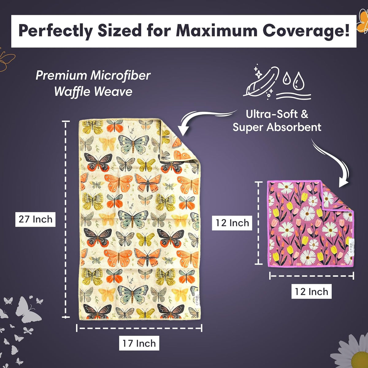 Microfiber Hand Towel & Washcloth Set of 2 - Double-Sided, Waffle Weave, Super Absorbent