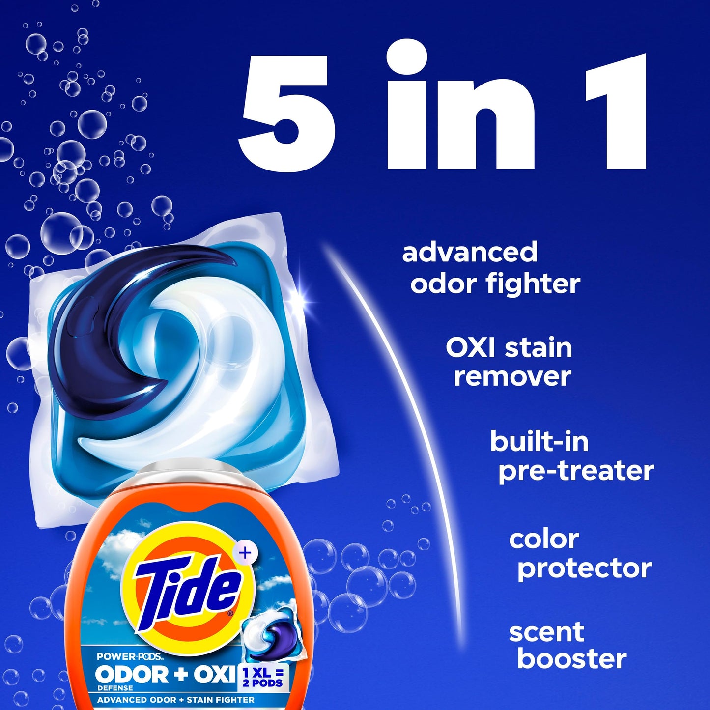 Tide Odor Defense + Oxi Laundry Detergent Pacs, Original Scent, 45 Count, Advanced Odor + Stain