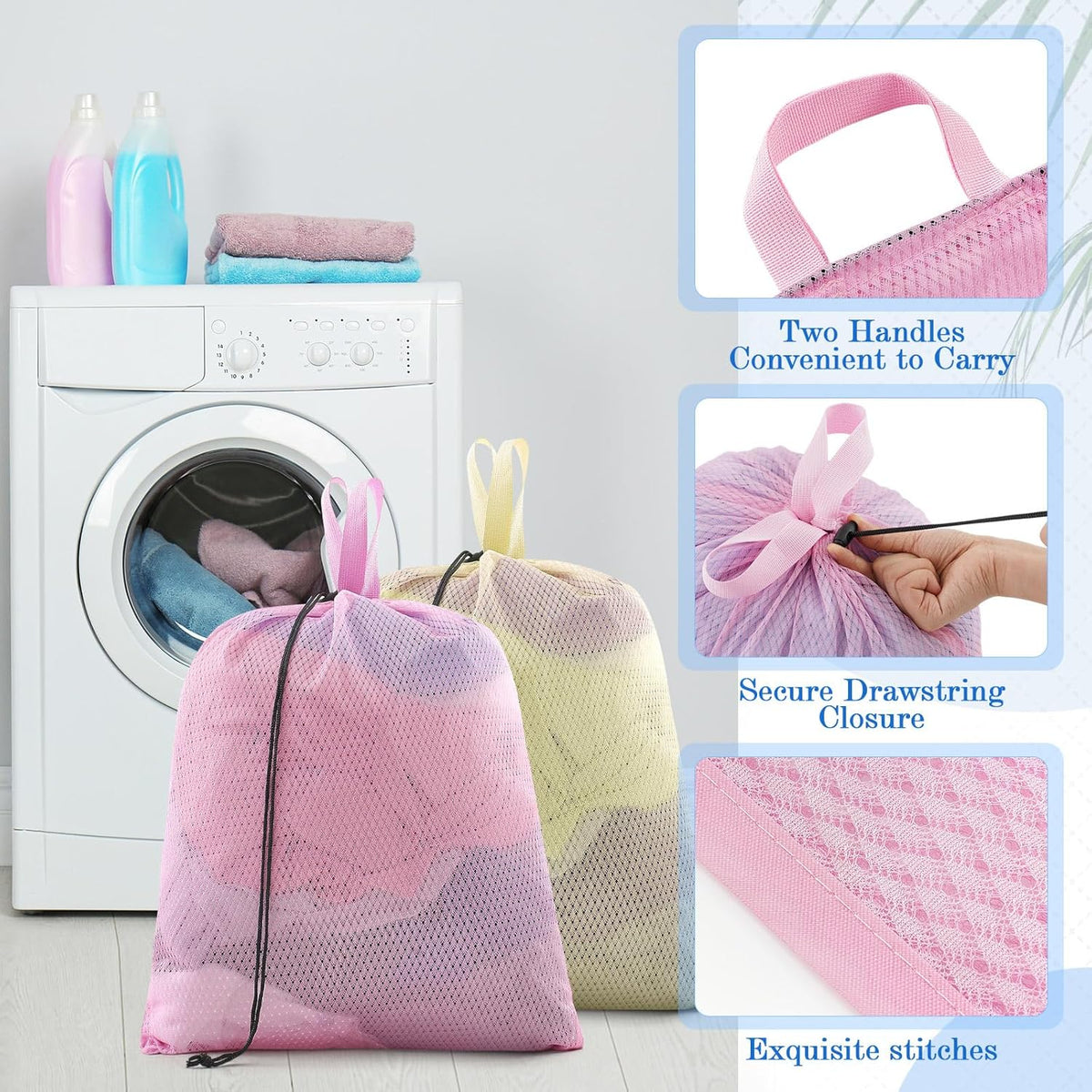 6 Pack 20 x 17 Inches Colorful Mesh Laundry Bag with Handles Machine Washable Secure Drawstring
