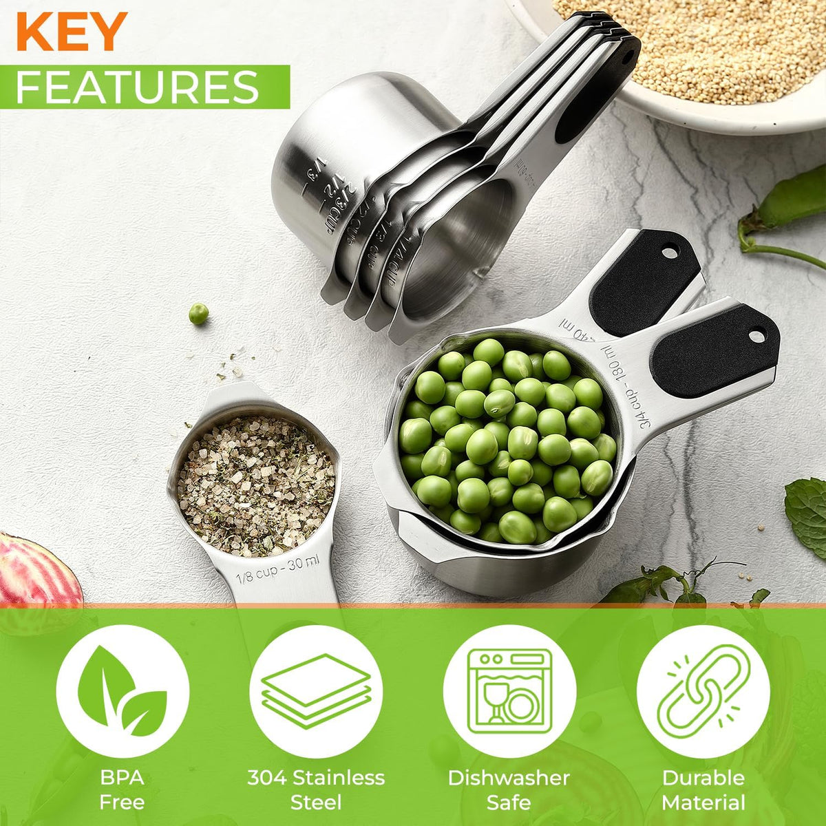 Spring Chef Magnetic Stainless Steel Measuring Cups, Patented, Kitchen Tools with Easy to Read