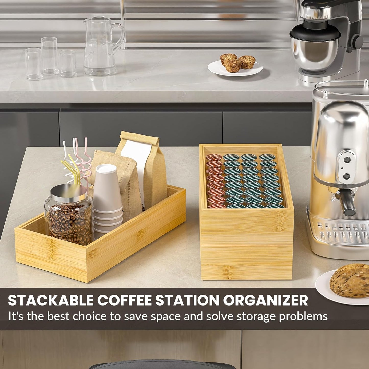 Kitchen Drawer Organizer Bins, Stackable Bamboo Drawer Organizer for Silverware, Flatware, Coffee