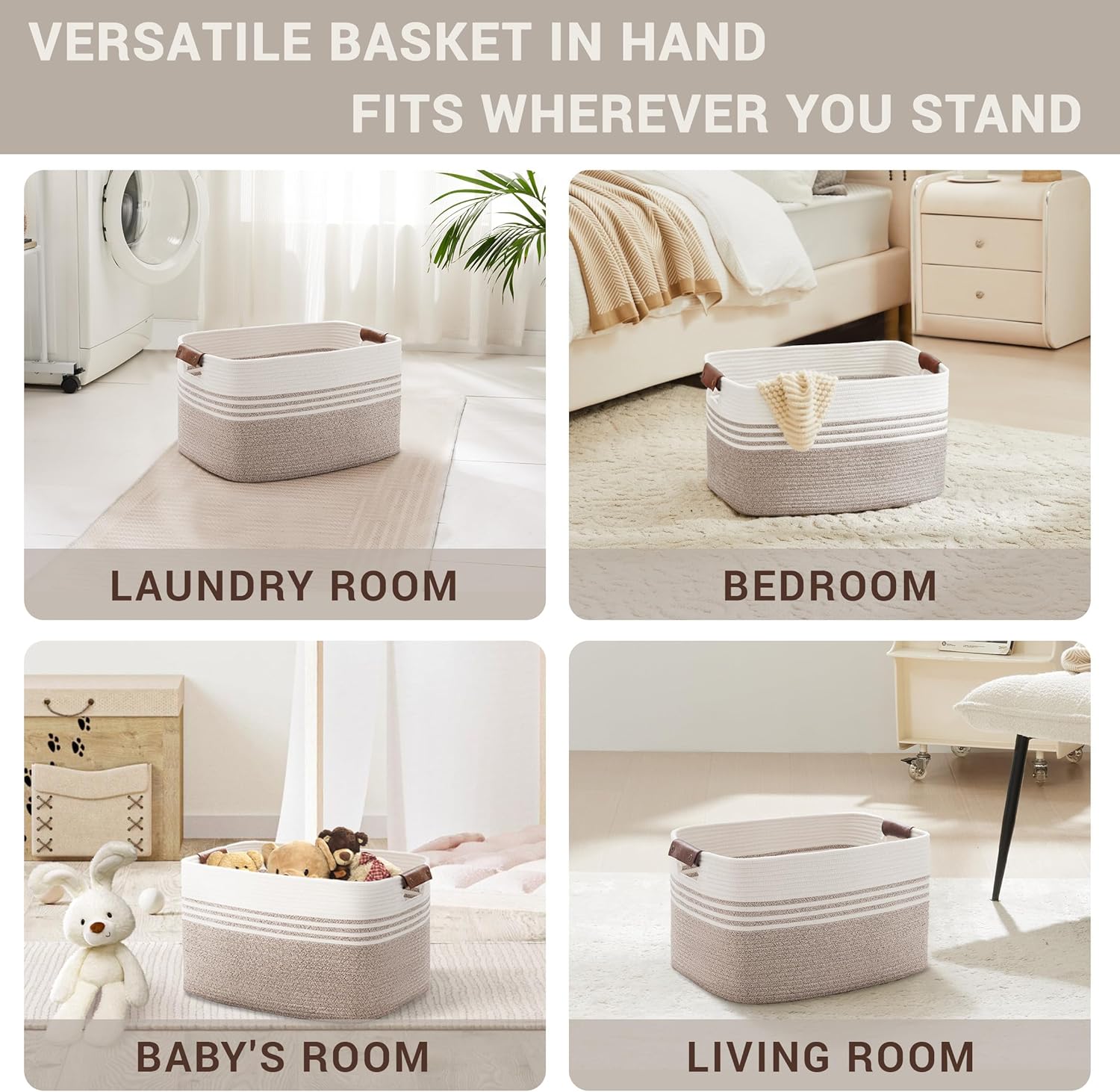 45L Small Laundry Basket with Leather Handles for Living Room Storage, Woven Rope Baskets Bin for