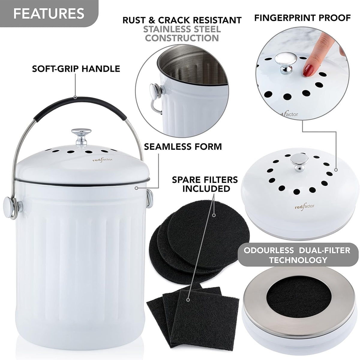 RED FACTOR Premium Compost Bin for Kitchen Countertop - Stainless Steel Food Waste Bucket with
