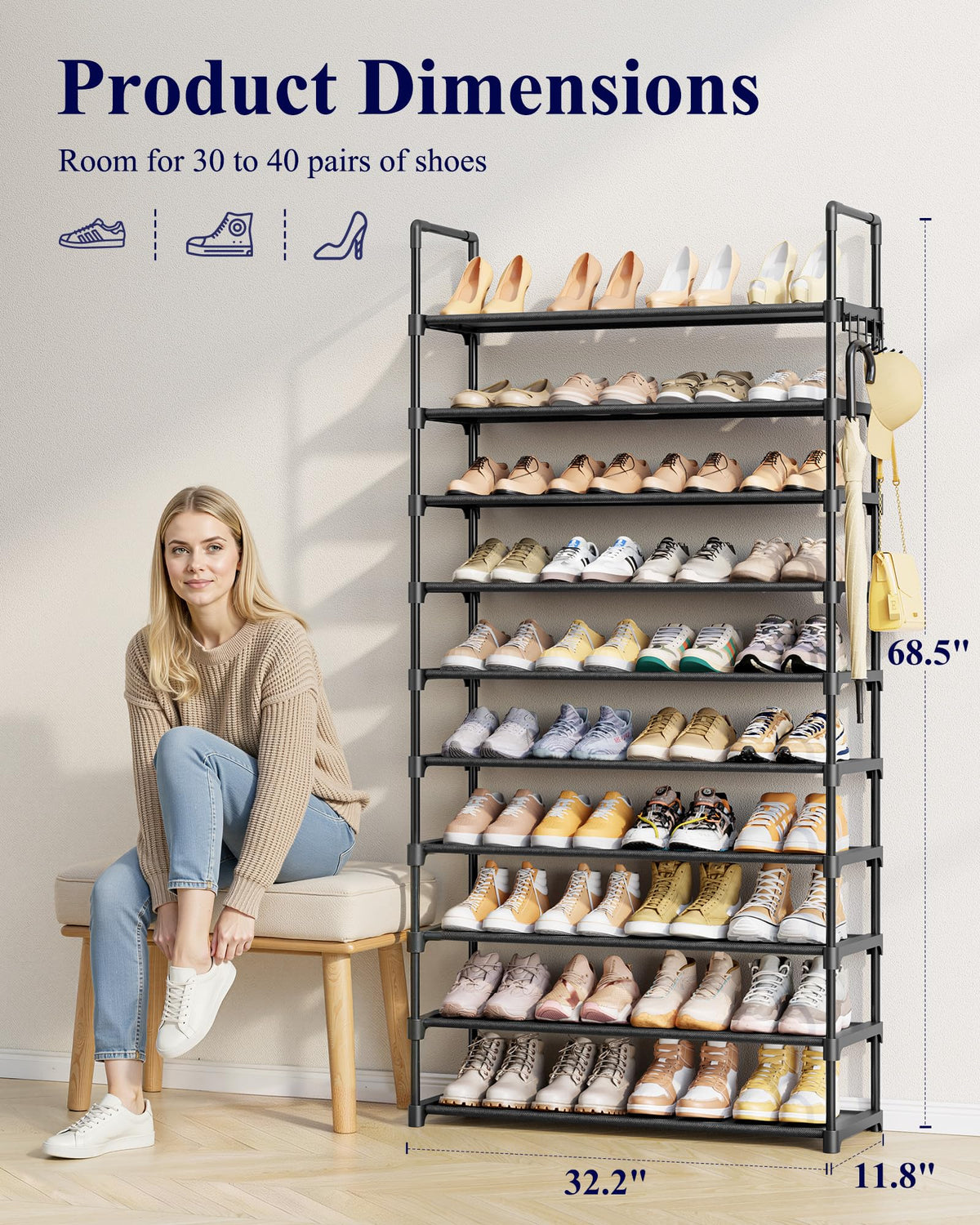 Kitsure 10 Tier Shoe Rack, Tall Shoe Organizer, 32.2" Wide, Black