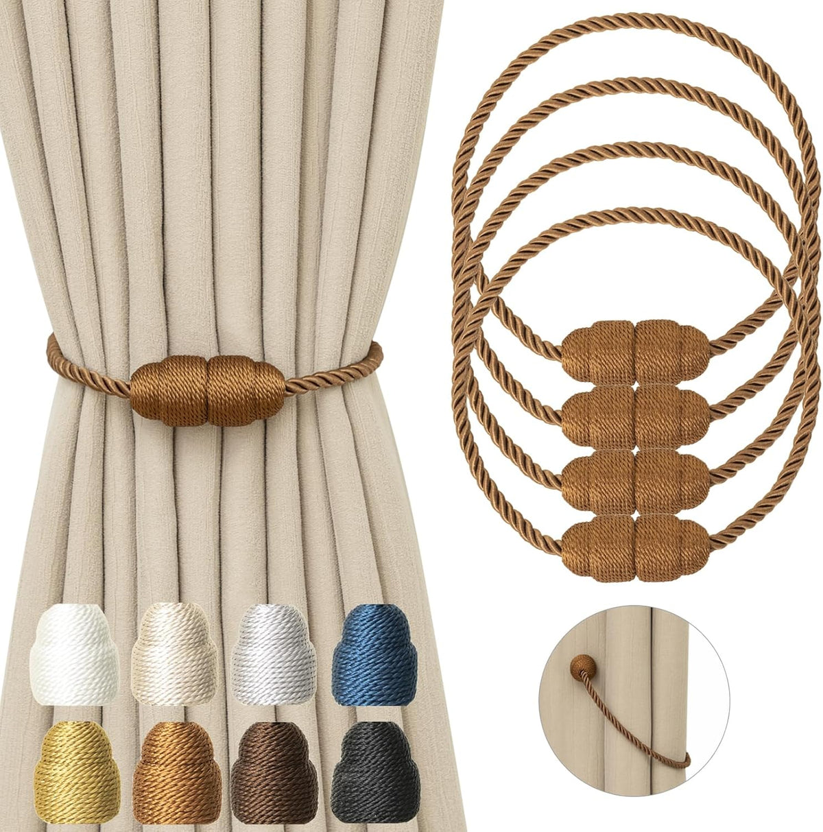 Magnetic Curtain Tiebacks Rope Curtain Tie Backs for Curtains 4 Pack Curtain Holders for Drapes