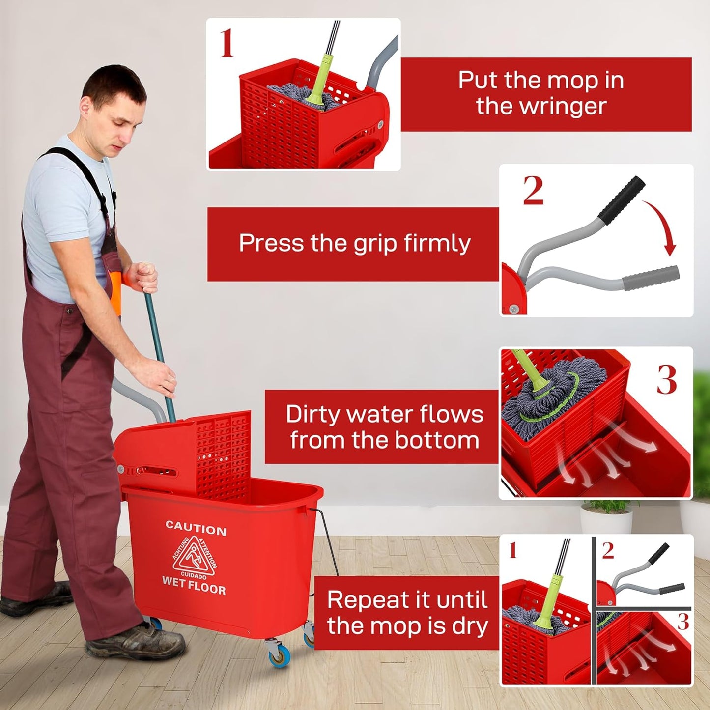 HOMCOM Compact Mop Bucket with Wringer on Wheels for Floor Cleaning, 21 Quart, Separate Dirty and