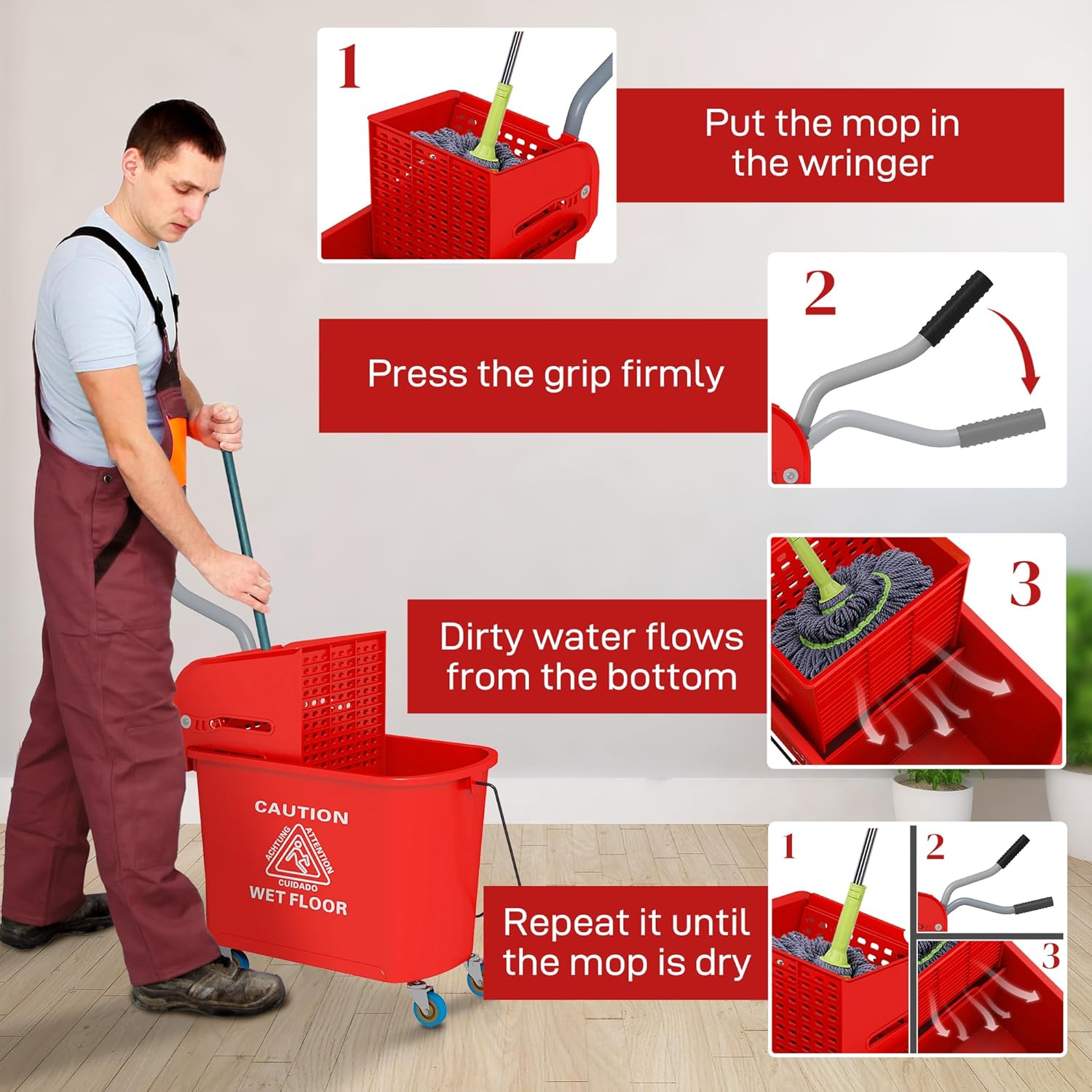 HOMCOM Compact Mop Bucket with Wringer on Wheels for Floor Cleaning, 21 Quart, Separate Dirty and