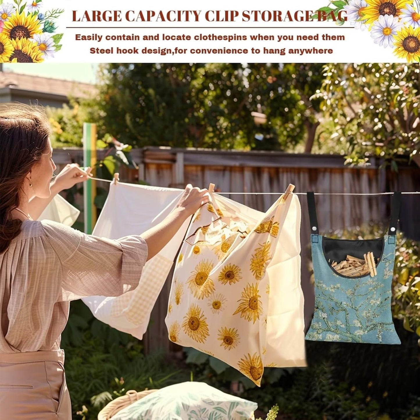 Almond Blossom Print Max Capacity Clothespin Storage Bag 14.5x12in - Generous Opening for Quick