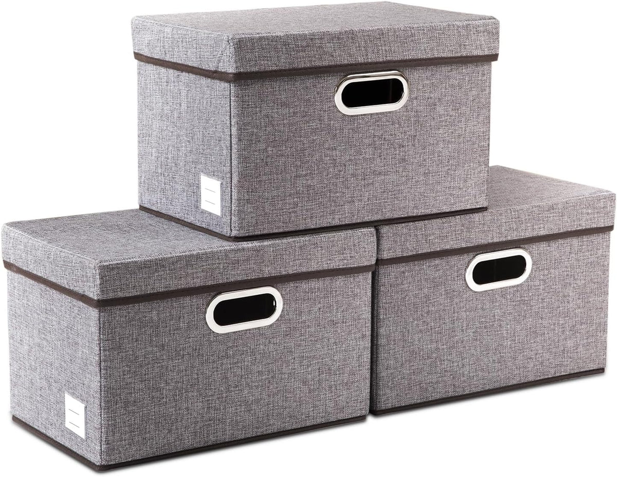 PRANDOM Foldable Storage Boxes with Lids [3-Pack] Linen Fabric Collapsible Storage Bins Organizer