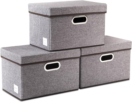 PRANDOM Foldable Storage Boxes with Lids [3-Pack] Linen Fabric Collapsible Storage Bins Organizer