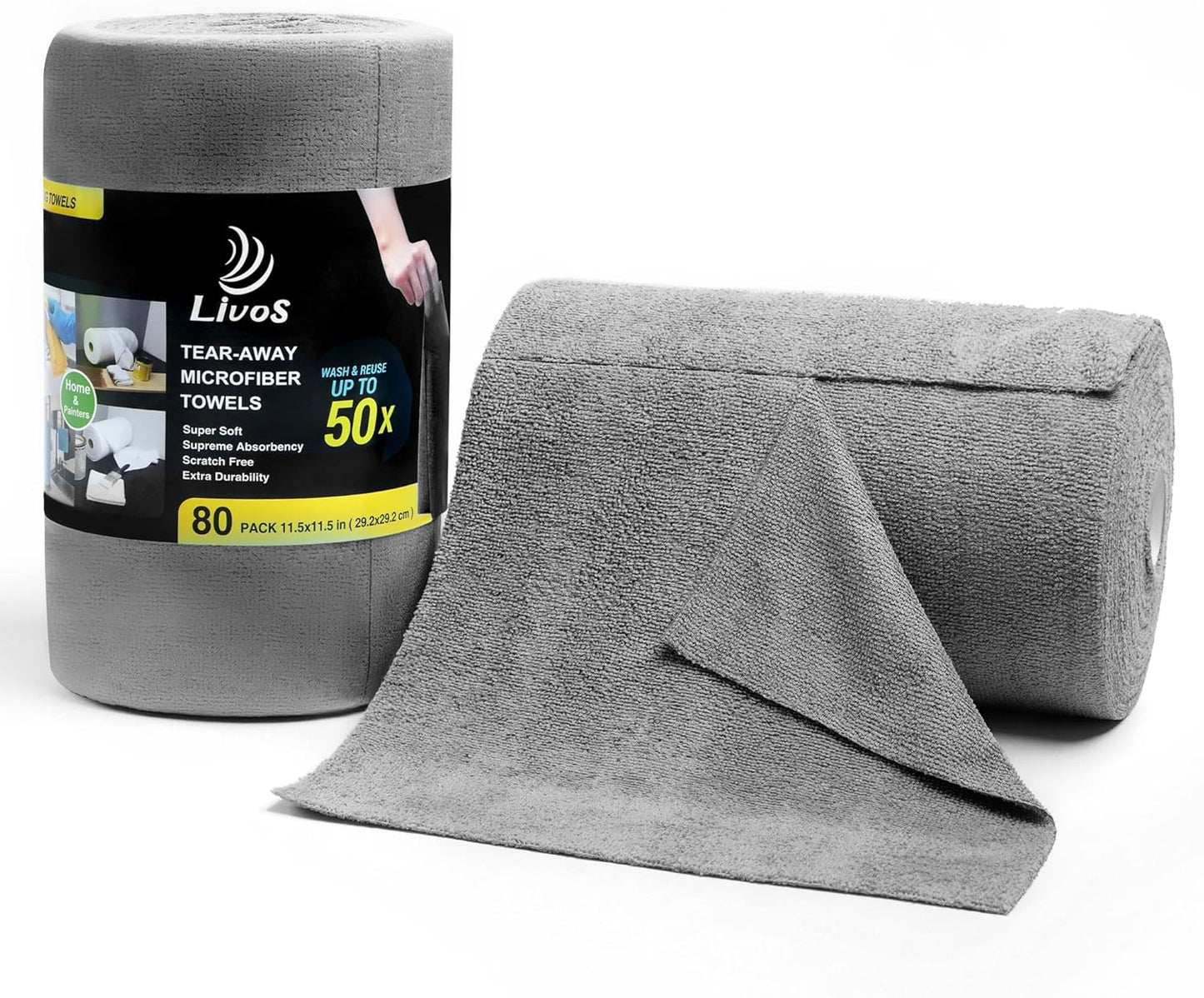 LIVOS Microfiber Cleaning Cloth Roll - 80 Pack, Reusable Paper Towels Grey Tear Away, Microfiber