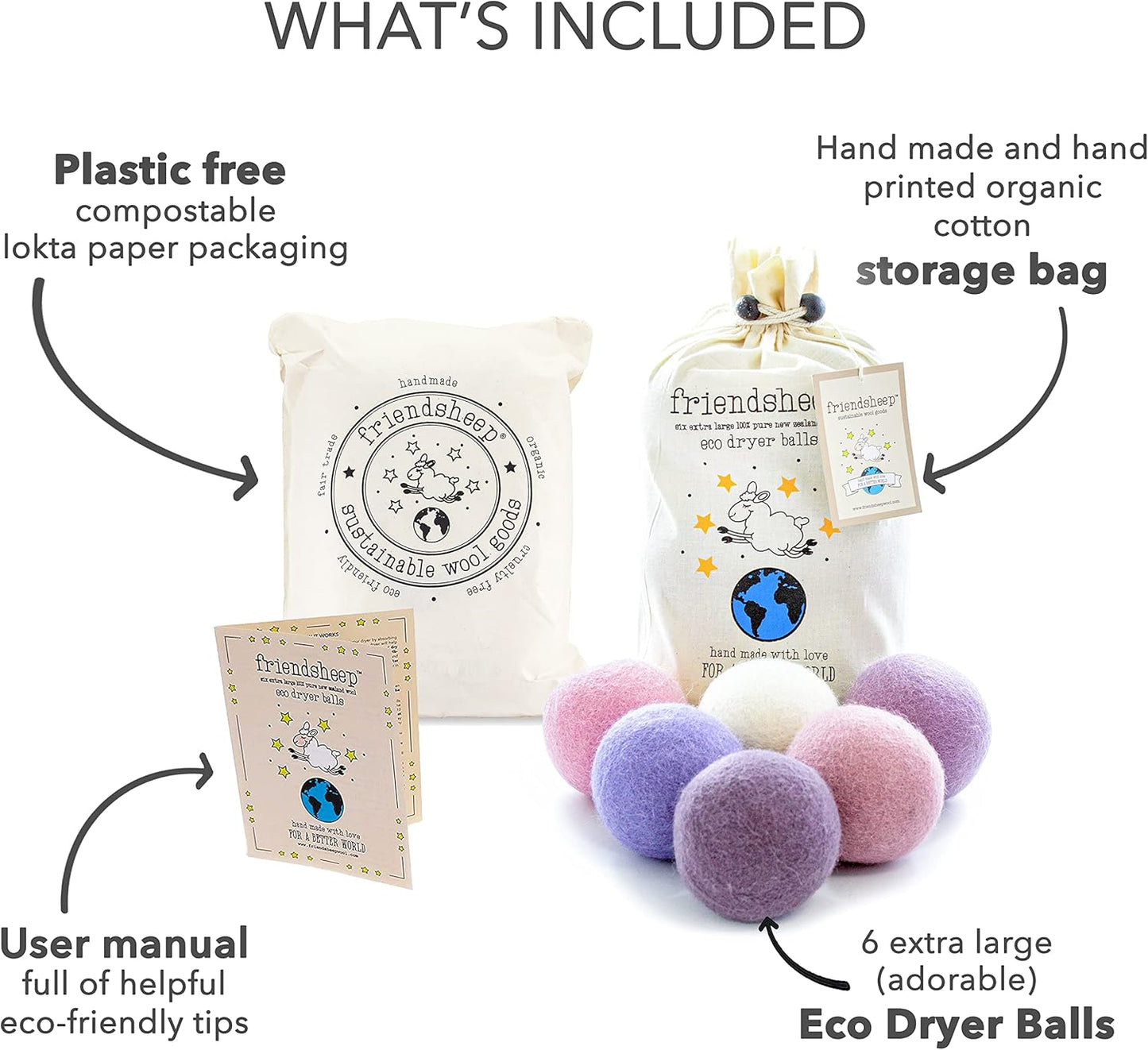 Friendsheep Wool Dryer Balls Organic Lavender 6 Pack XL Premium Reusable Cruelty Free Handmade Fair