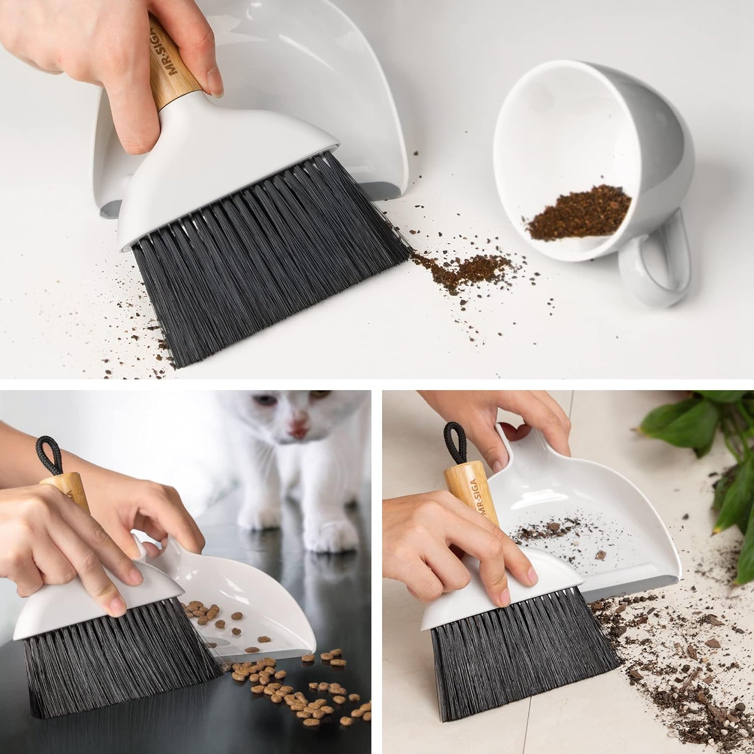 MR.SIGA Mini Dustpan and Brush Set, Portable Cleaning Brush and Dustpan Combo with Bamboo Handle, 1