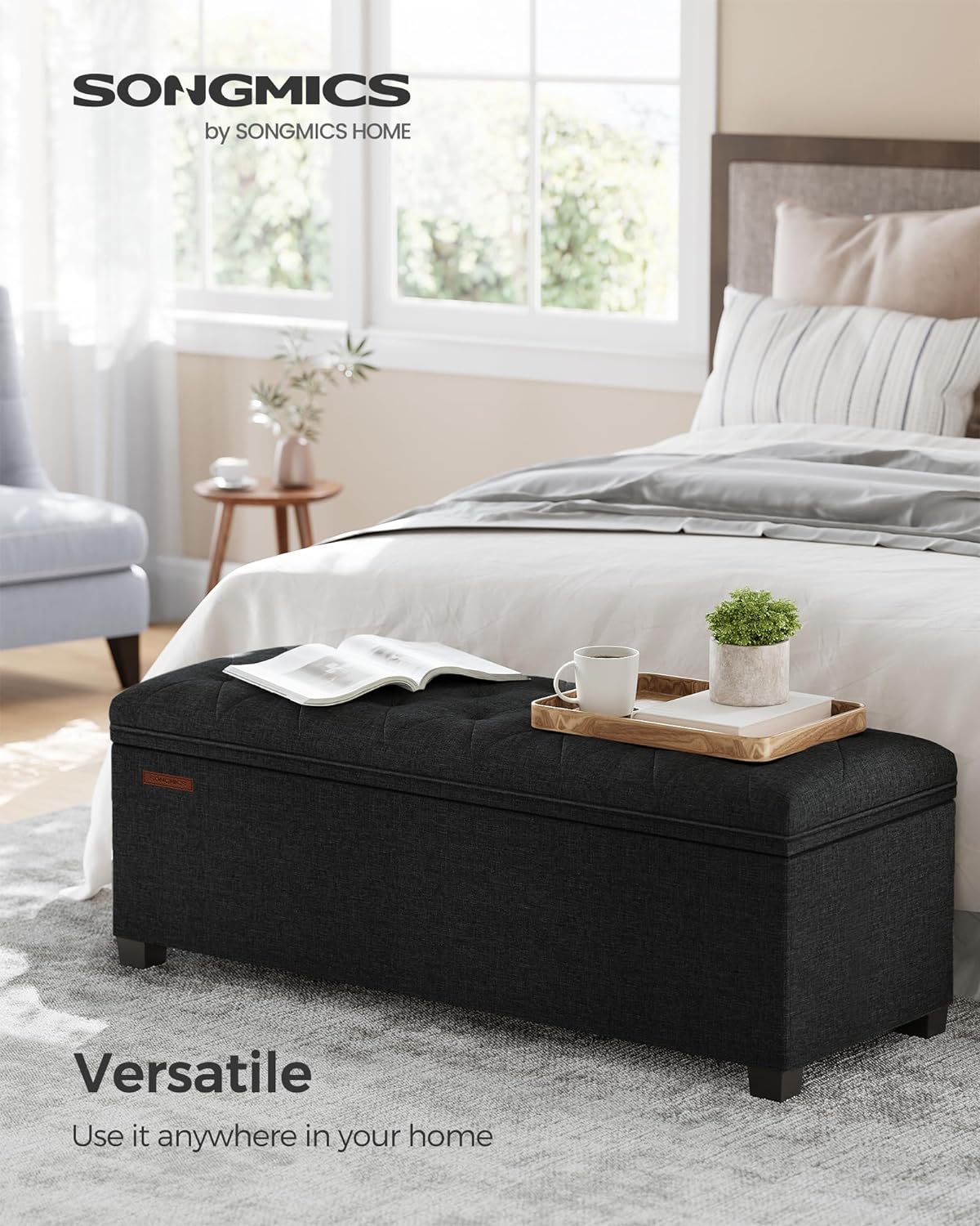 SONGMICS Storage Ottoman Bench, Foot Rest with Legs, 15.7 x 43.3 x 15.7 Inches, End of Bed Bench