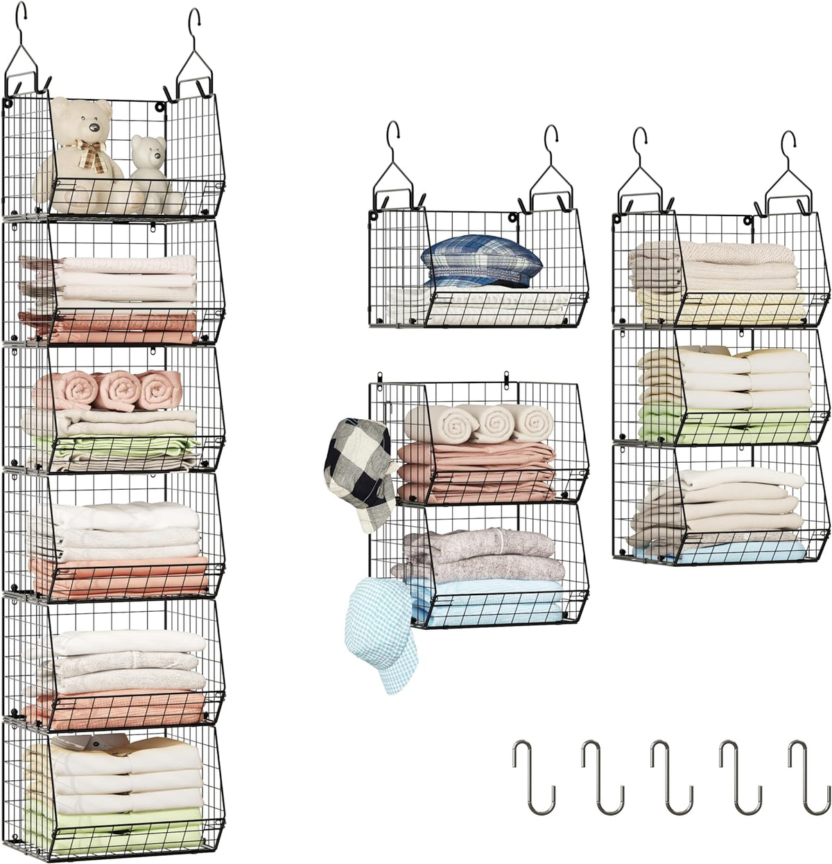 6 Tier Closet Hanging Organizer, Clothes Hanging Shelves with 4 Hanging Hooks 5 S Hooks, Wire