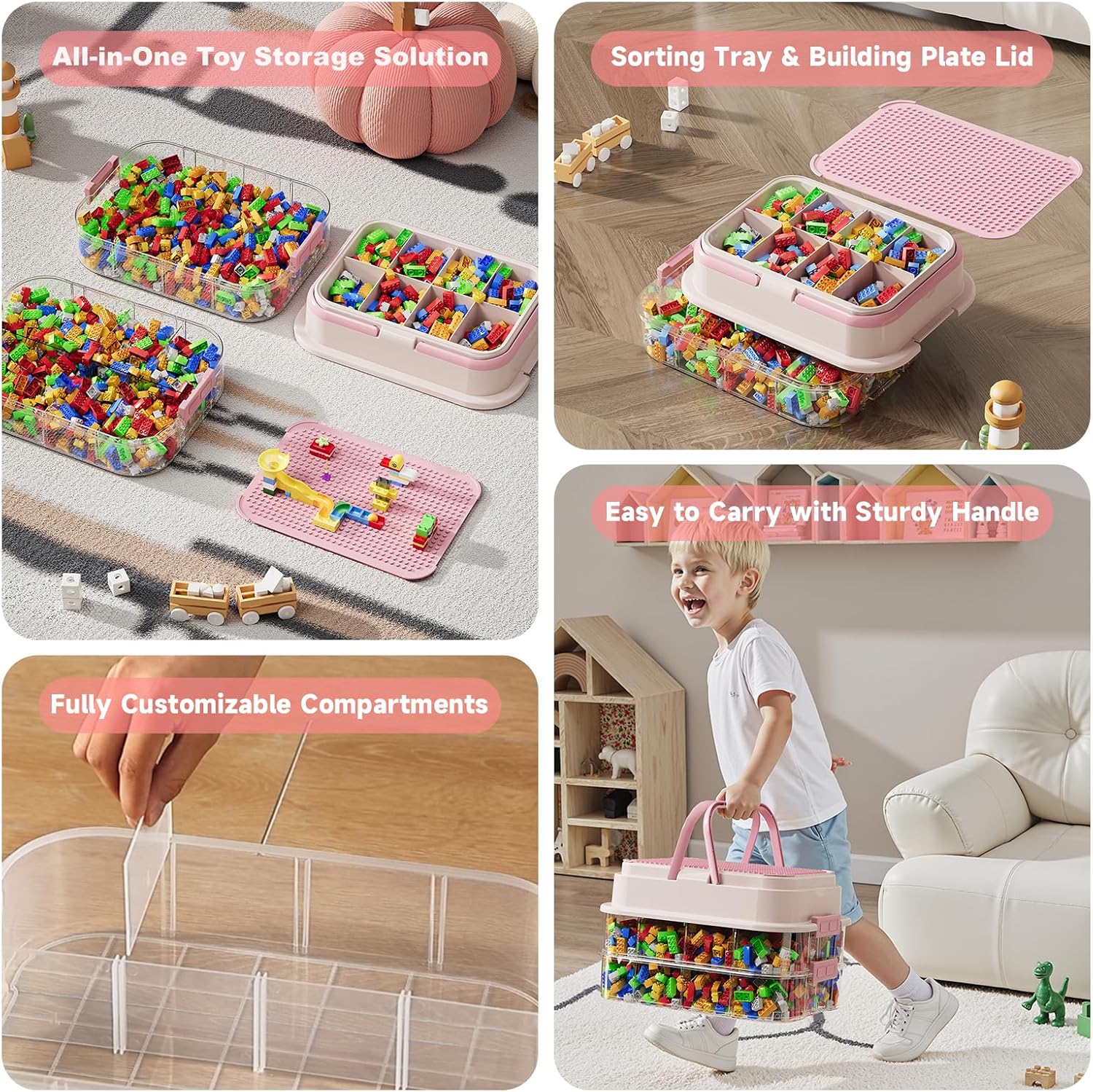 Toy Storage Organizer Box with Handle, Stackable Building Block Toy Box with Building Plate Lid &