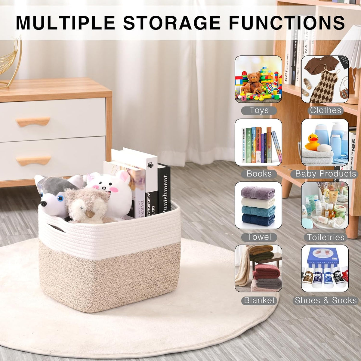 Storage Baskets for Organizing, Woven Cotton Rope Basket for Storage Books, Baby Organizing