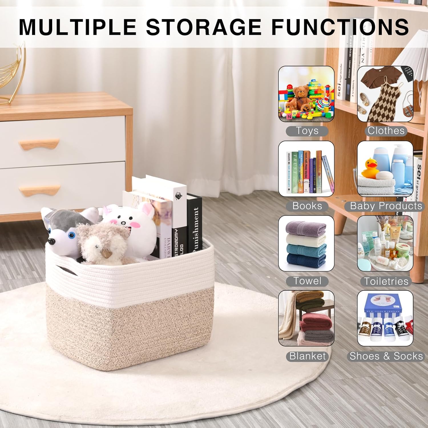 Storage Baskets for Organizing, Woven Cotton Rope Basket for Storage Books, Baby Organizing