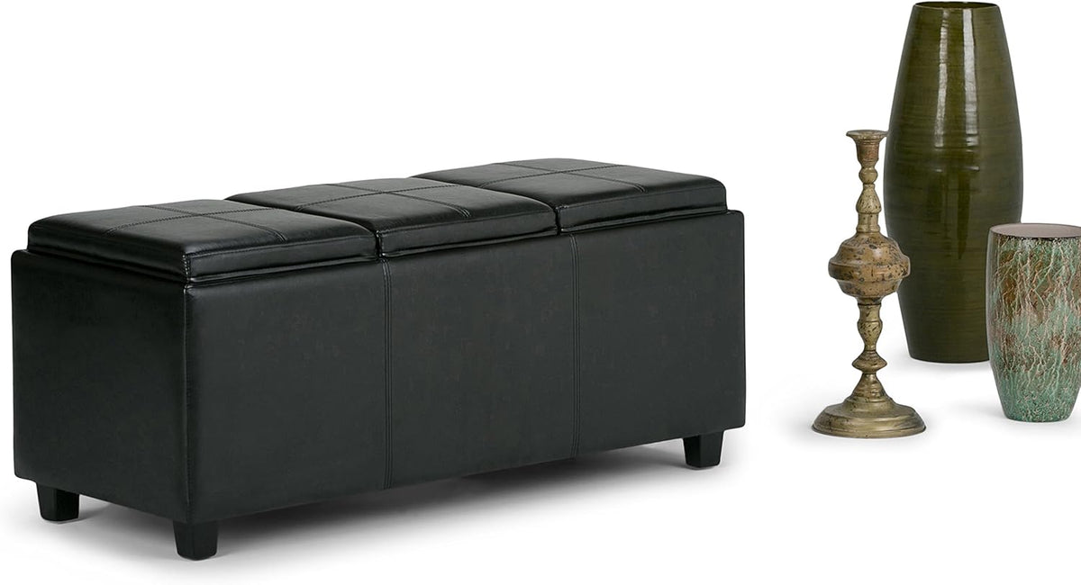 SIMPLIHOME Avalon 42 inch Wide Contemporary Rectangle Storage Ottoman in Midnight Black Vegan Faux