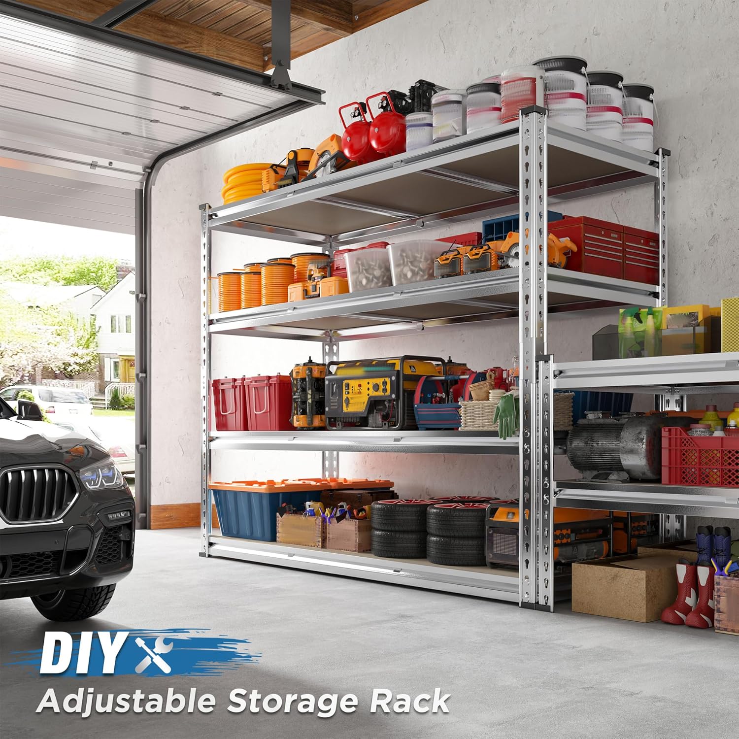 REIBII Garage Shelving, 4 Tier Storage Shelves Load 2000LBS, Adjustable Garage Shelving Heavy Duty