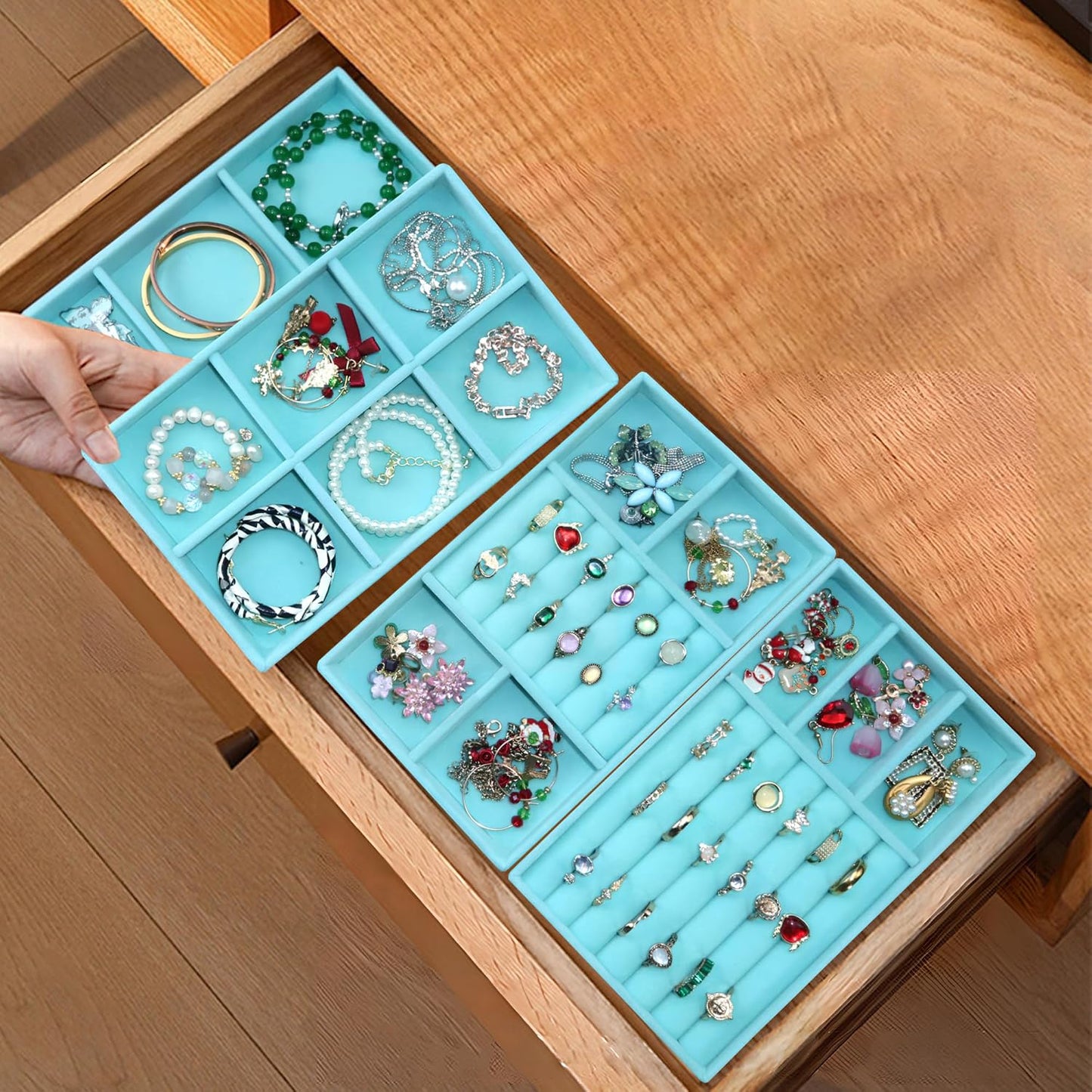 8 Pcs Velvet Jewelry Tray Stackable Jewelry Drawers Organizer Trays Rings Earrings Bracelet