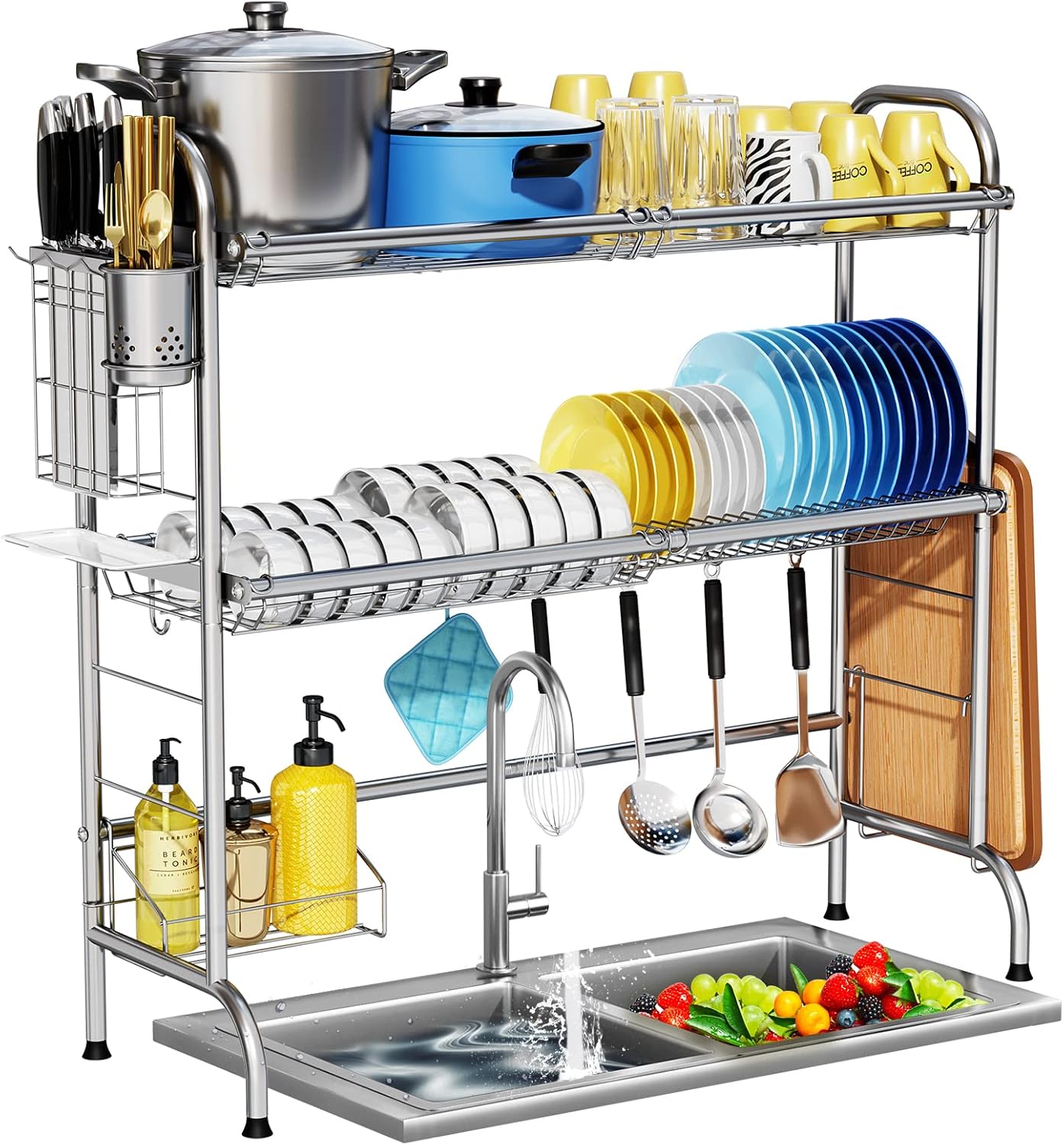 HOWDIA Stainless Steel 2-Tier Over The Sink Dish Drying Rack with Utensil Holder, Large, for