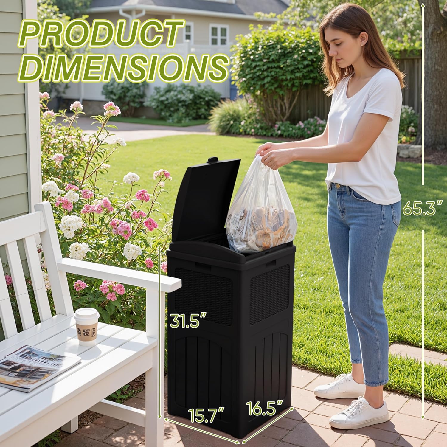 Greesum 33 Gallon Outdoor Trash Can with Lid, Waterproof Resin Garbage Bin for Hideaway, Deck