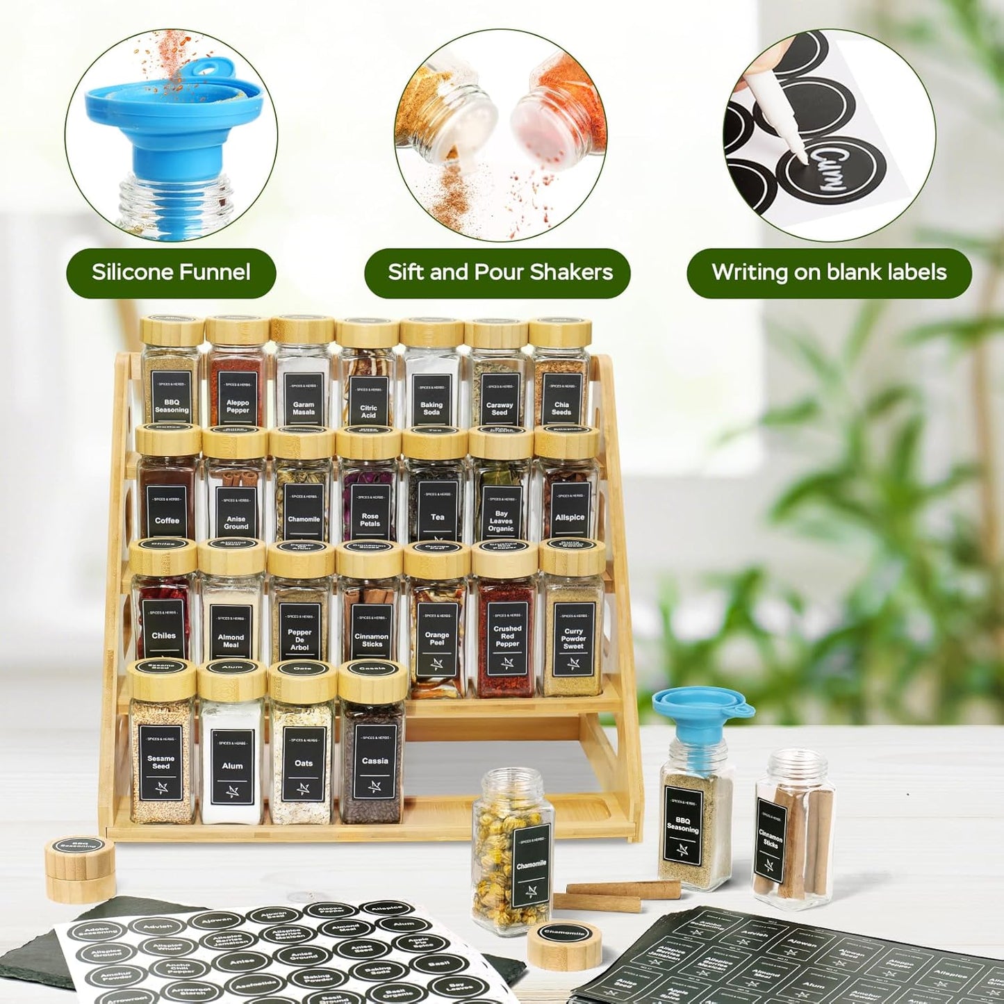 4 Tier Bamboo Spice Rack Organizer with 28 Spice Jars, 780 Labels, Wood Shelf, Chalk Marker and