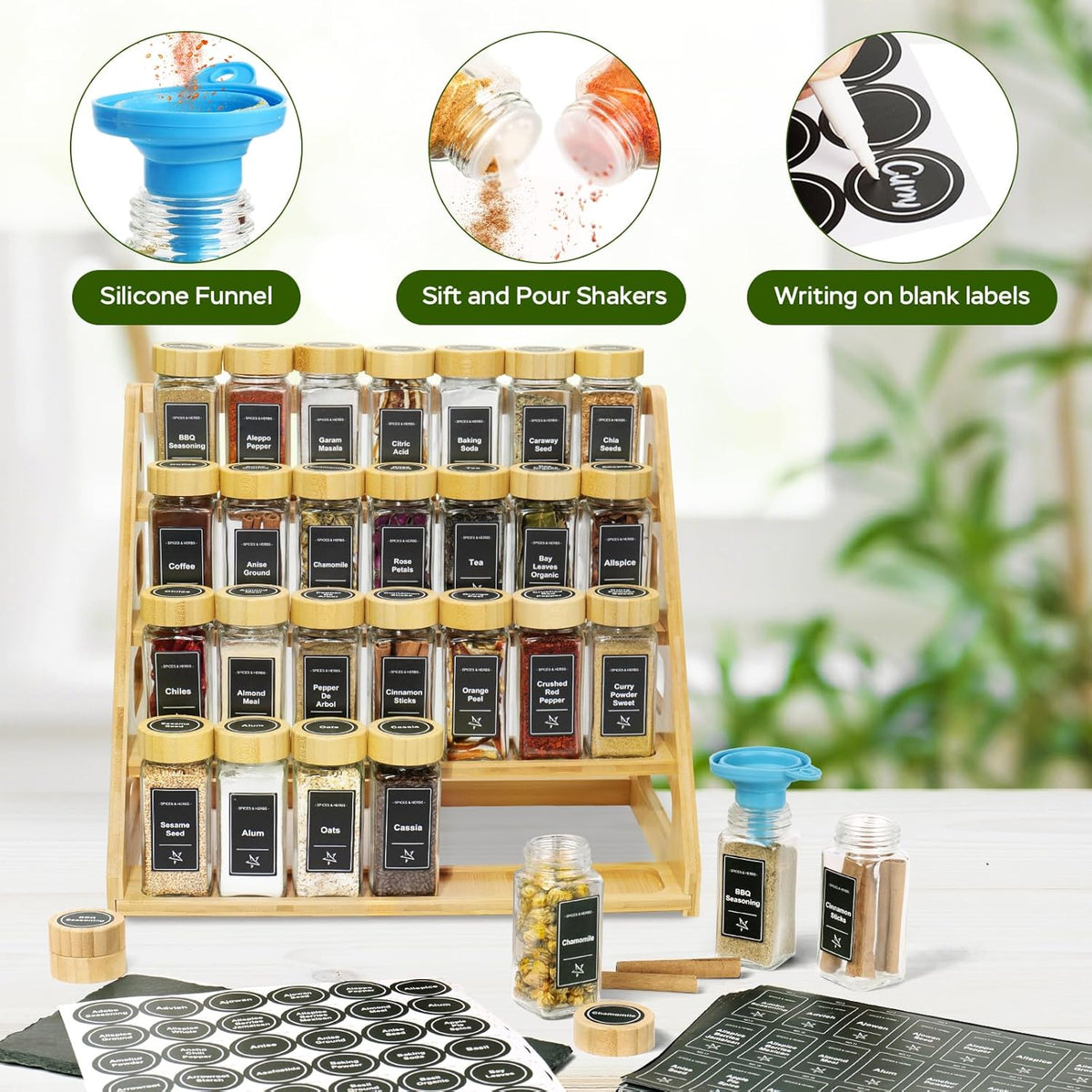 4 Tier Bamboo Spice Rack Organizer with 28 Spice Jars, 780 Labels, Wood Shelf, Chalk Marker and