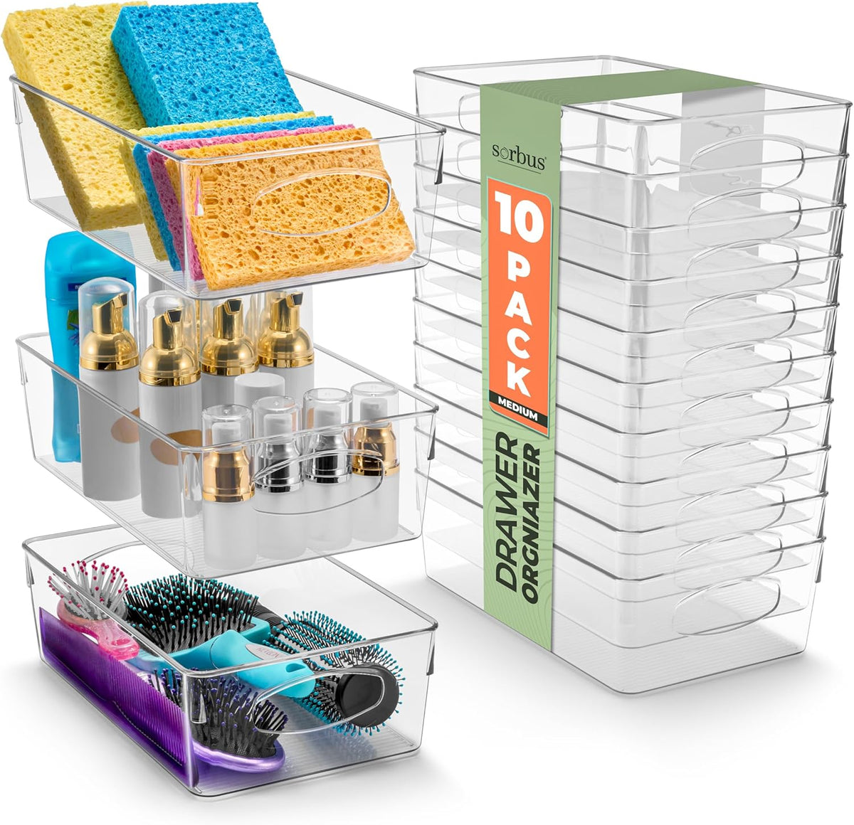 Sorbus Medium Clear Plastic Storage Bins for Organizing, 10 Pack Clear Organizer Bins with Handles
