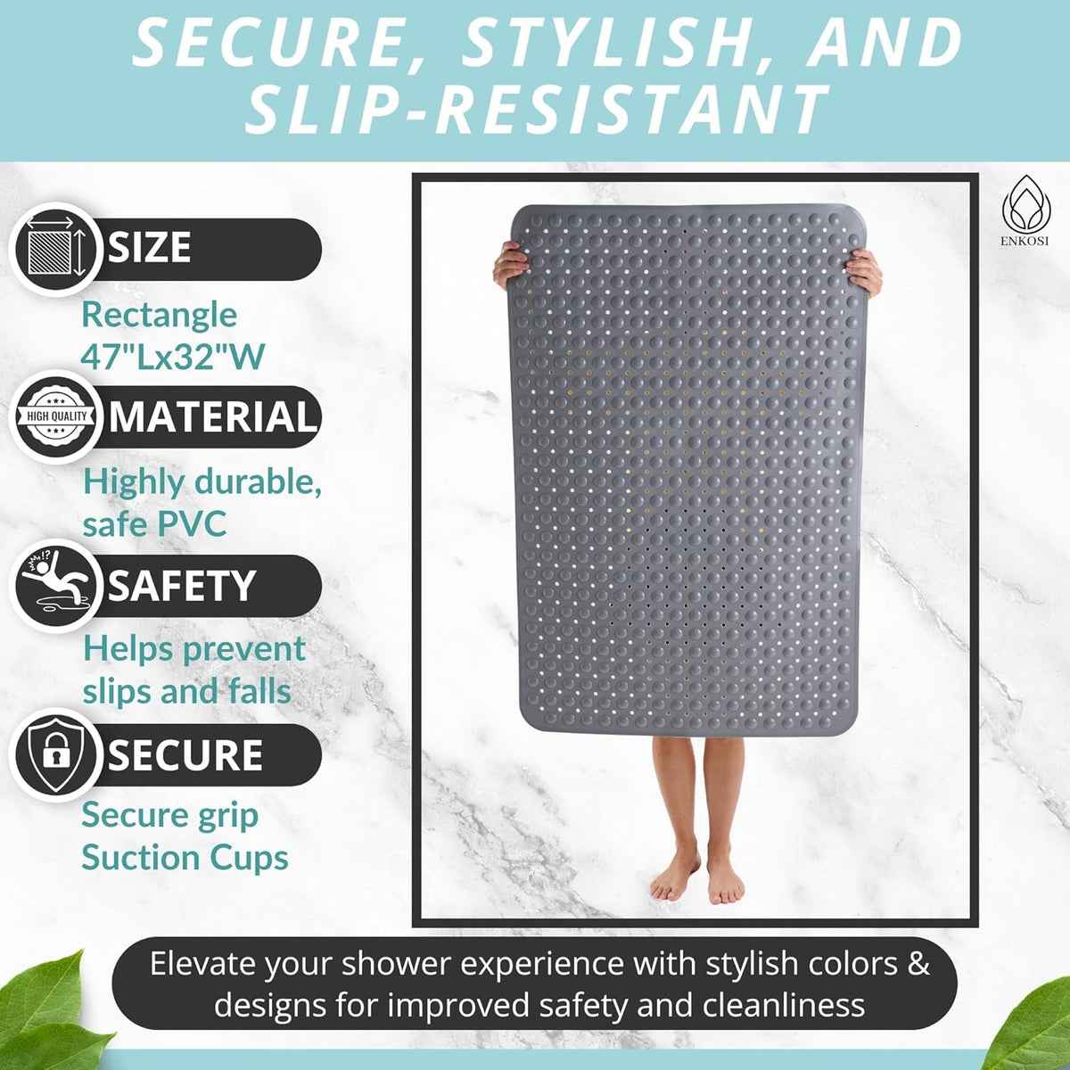 ENKOSI Extra Large Shower Mat Non Slip - 47 x 32 inch - XL Bathroom Shower Mat - Large Shower Matts