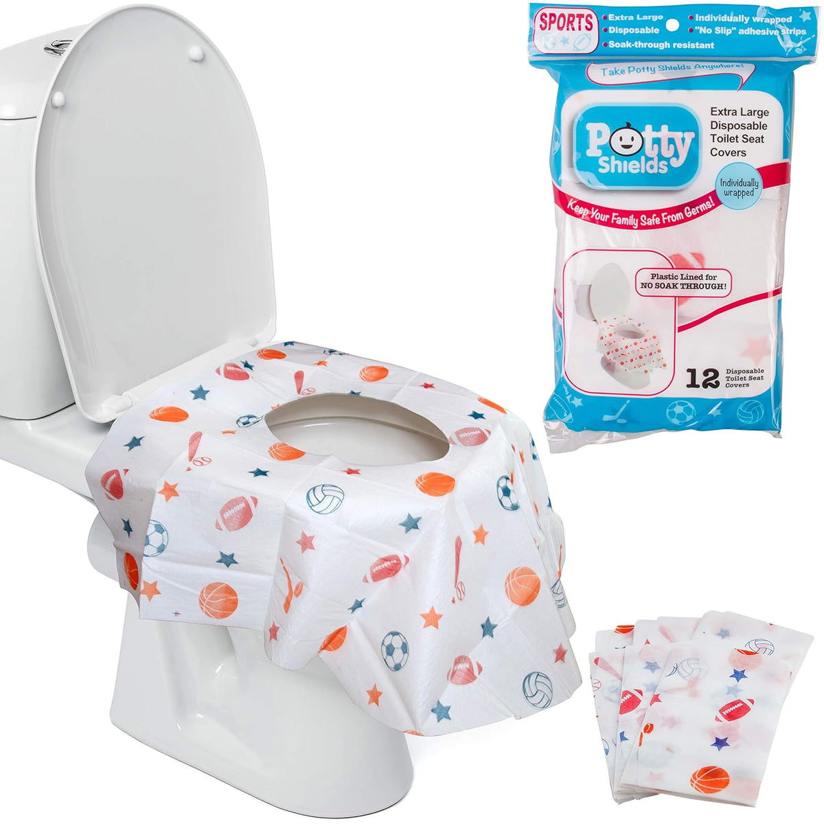 Toilet Seat Covers Disposable (12 Pack, Sports) - XL Waterproof Toilet Cover for Toddlers, Kids &