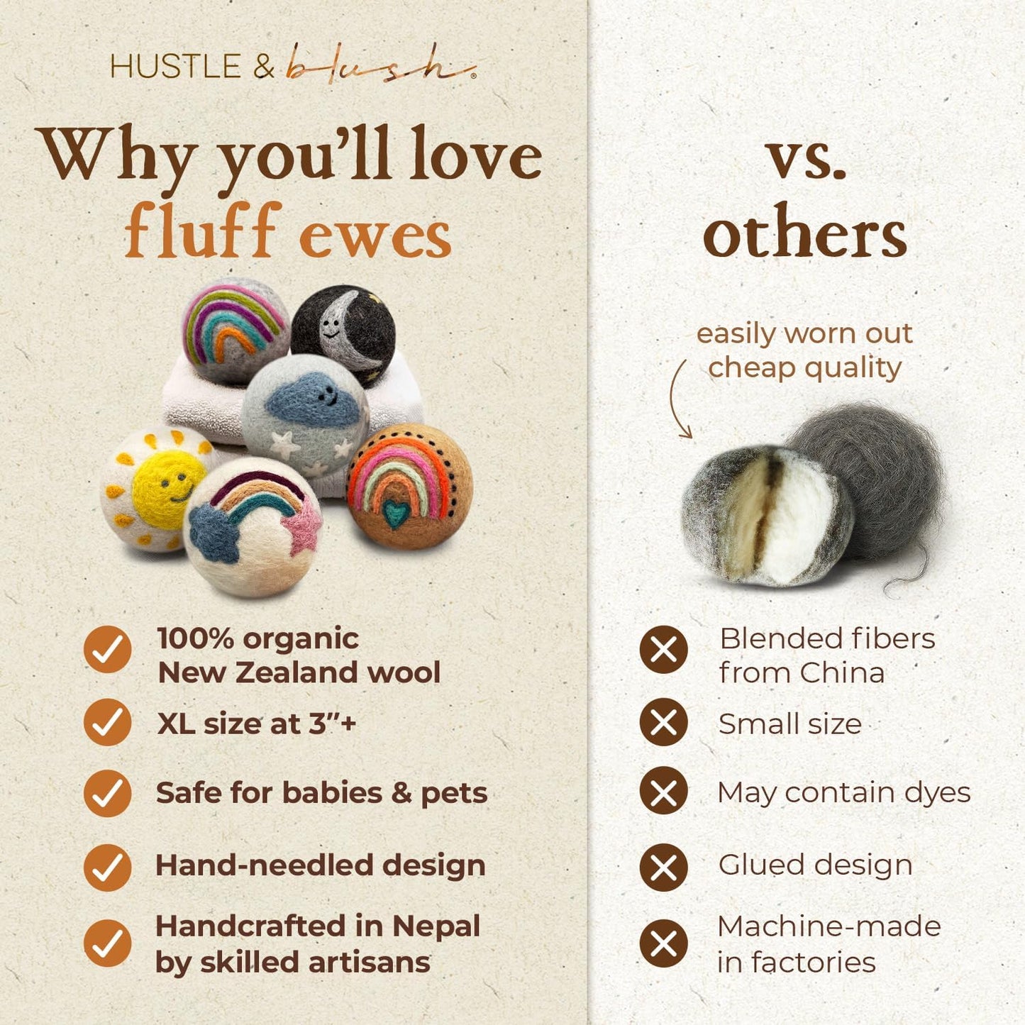 Fluff Ewes Wool Dryer Balls 6 Pack Premium New Zealand Wool Laundry Balls for Dryer, No Static