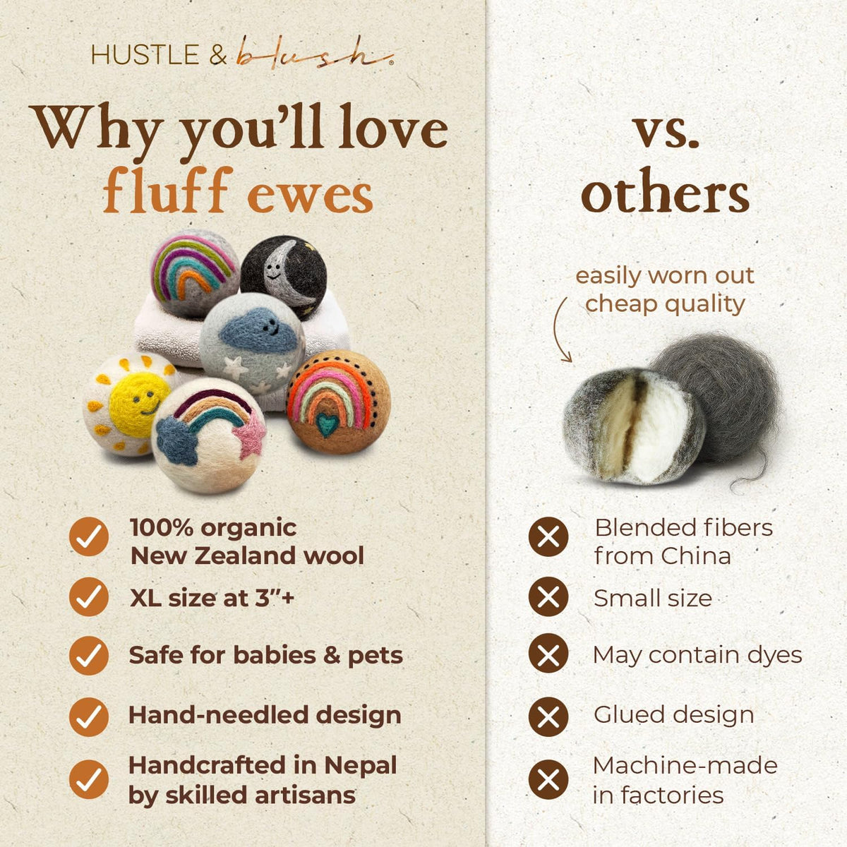 Fluff Ewes Wool Dryer Balls 6 Pack Premium New Zealand Wool Laundry Balls for Dryer, No Static